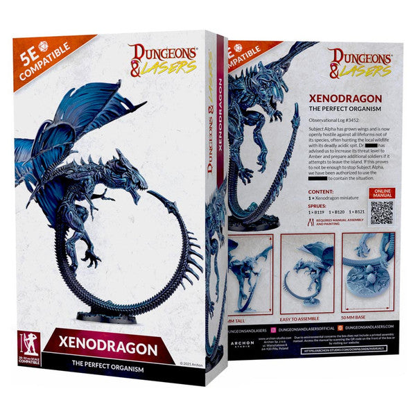 Dungeons & Lasers: Xenodragon (Unpainted) - Unpainted detailed miniature of a dragon with wings spread, perched on a circular base, in dark blue resin.
