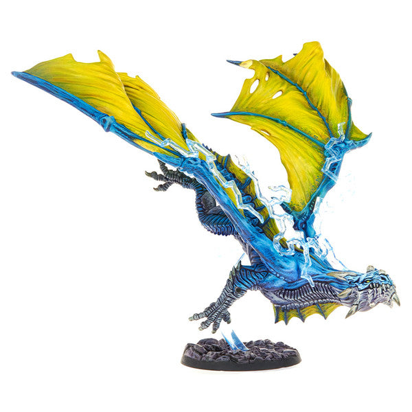 Dungeons & Lasers: Freyr (Unpainted) - Blue dragon miniature with large yellow wings and detailed scales on black base.