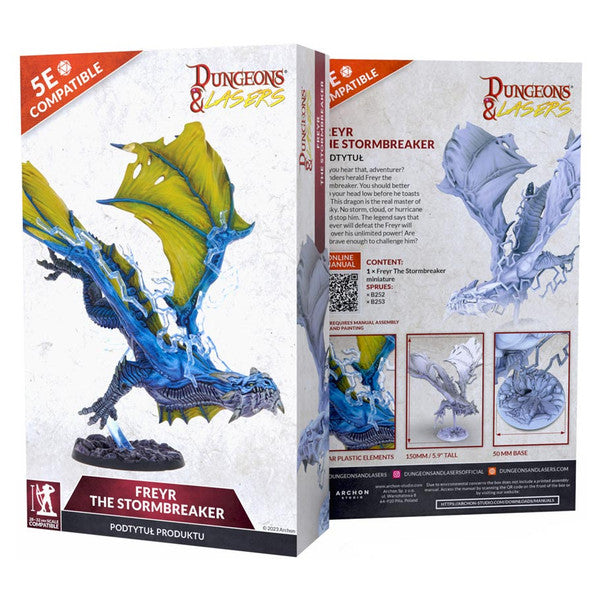 Dungeons & Lasers: Freyr (Unpainted) - Unpainted blue and gray dragon miniature with outstretched wings on black base, fantasy gaming figure.