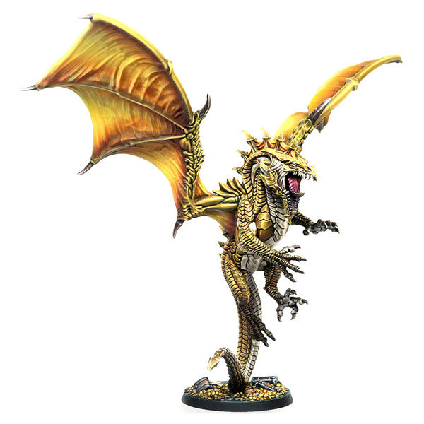 Dungeons & Lasers: Durkar (Unpainted) - Golden dragon miniature with large wings spread, detailed scales, open mouth, and standing on a round base.
