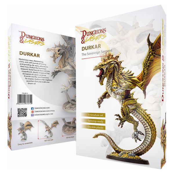 Dungeons & Lasers: Durkar (Unpainted) - Unpainted resin dragon figurine with detailed scales, wings, and open mouth, mounted on a textured base.