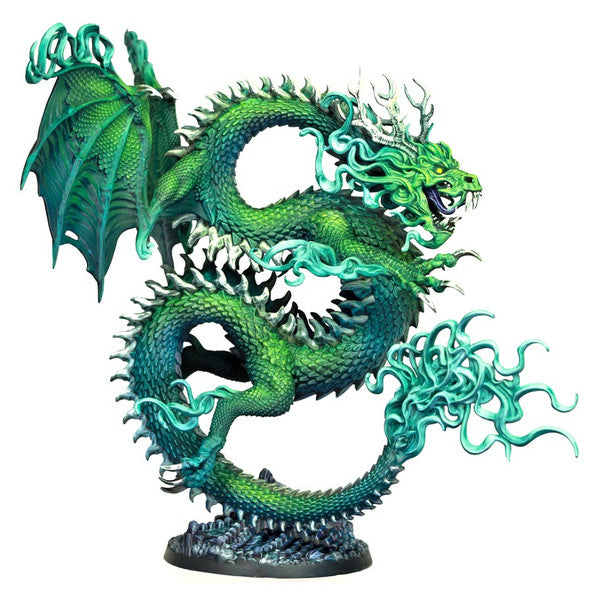Dungeons & Lasers: Origon (Unpainted) - Green serpentine dragon figurine with detailed scales, antler-like horns, and flowing tail flames on a round base.