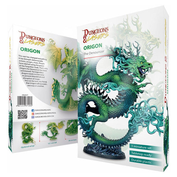 Dungeons & Lasers: Origon (Unpainted) - Unpainted green plastic dragon miniature with detailed scales and swirling smoke effects on a display base, alongside.
