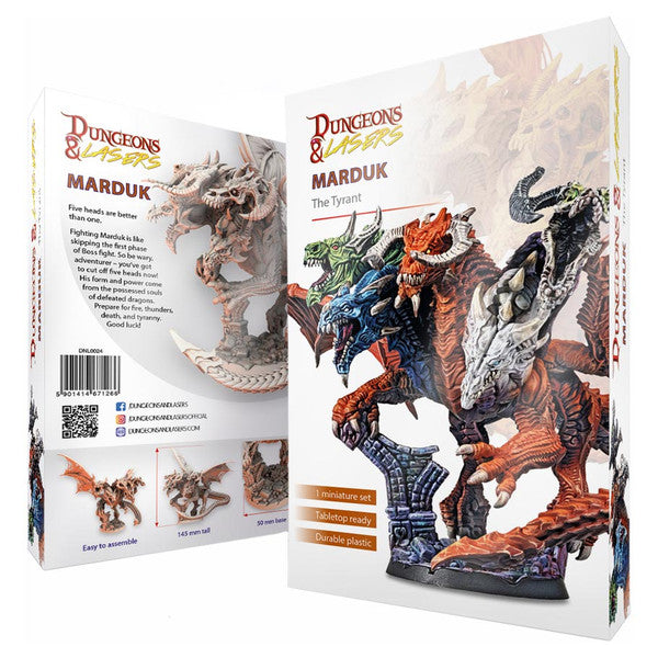 Dungeons & Lasers: Marduk (Unpainted) - Unpainted detailed resin figure of Marduk, a four-headed dragon mounted on a textured base, with packaging showing painted.