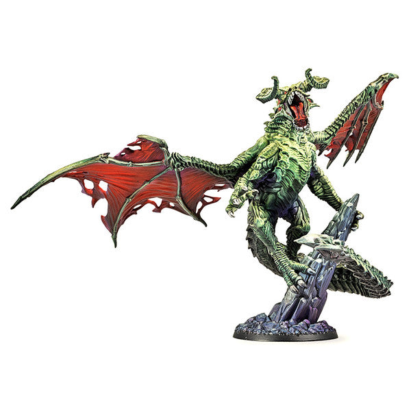 Dungeons & Lasers: Draculus (Unpainted) - Unpainted green dragon miniature with outstretched red wings, open mouth, and claw gripping stone pillar base.