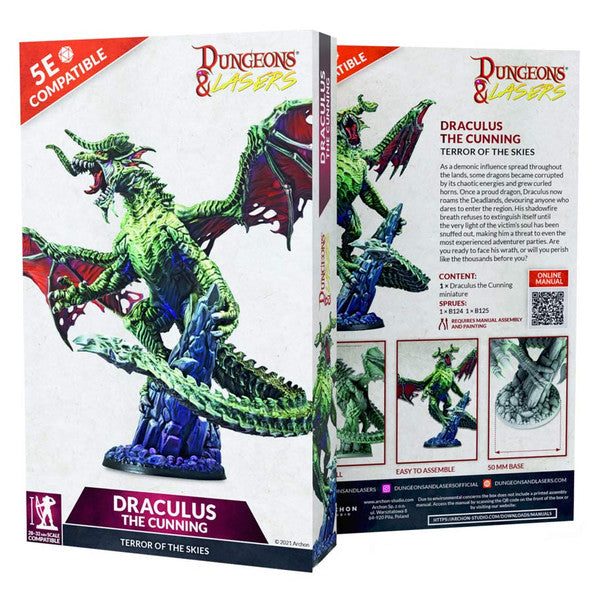 Dungeons & Lasers: Draculus (Unpainted) - Unpainted green dragon miniature with red wings and sharp claws, posed mid-roar on rocky base.