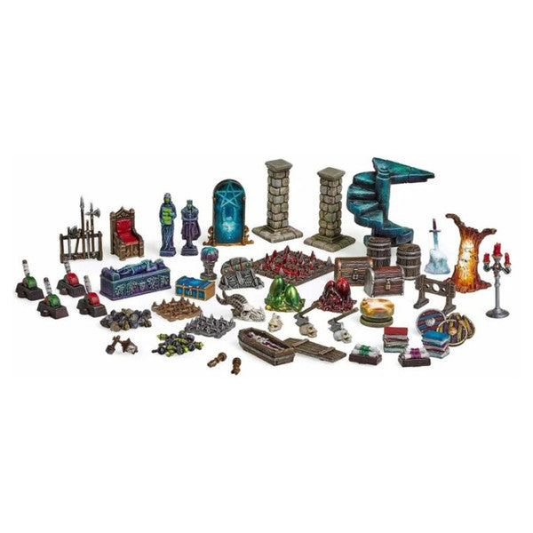 Dungeons & Lasers: Fantasy Customization Bits (Unpainted) - Unpainted gray resin fantasy tabletop bits including pillars, gates, treasure chests, weapons, and magical artifacts.