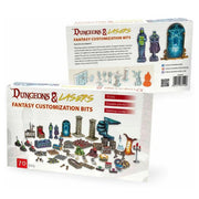 Dungeons & Lasers: Fantasy Customization Bits (Unpainted) - Unpainted gray plastic fantasy-themed miniature bits including weapons, potions, furniture, and decorative items for.