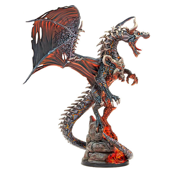 Dungeons & Lasers: Dragon Of Schmargonrog (Unpainted) - Unpainted detailed dragon miniature with spread wings, sharp claws, and fiery base on rocky stand.