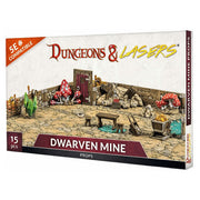 Dungeons & Lasers: Dwarven Mine Props (Unpainted) - Unpainted resin miniatures set featuring detailed dwarven mine props including crates, barrels, mushrooms, mining tools, and
