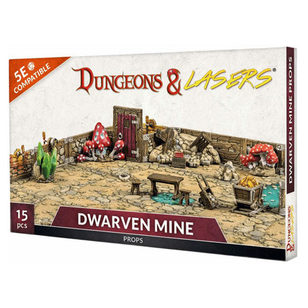 Dungeons & Lasers: Dwarven Mine Props (Unpainted) - Unpainted resin miniatures set featuring detailed dwarven mine props including crates, barrels, mushrooms, mining tools, and