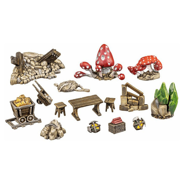 Dungeons & Lasers: Dwarven Mine Props (Unpainted) - Unpainted beige resin miniature Dwarven mine props including rocks, wooden table, crates, mushrooms, cart with gold nuggets,