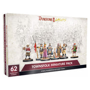 Dungeons & Lasers: Townsfolk Miniature Pack (Unpainted) - Unpainted resin fantasy townsfolk miniatures in various poses, displayed on a white background with product box showing six.