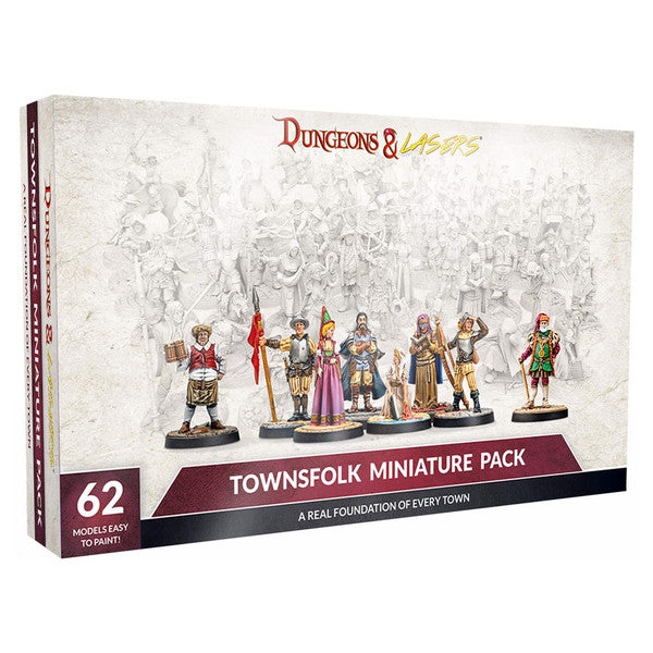 Dungeons & Lasers: Townsfolk Miniature Pack (Unpainted) - Unpainted resin fantasy townsfolk miniatures in various poses, displayed on a white background with product box showing six.