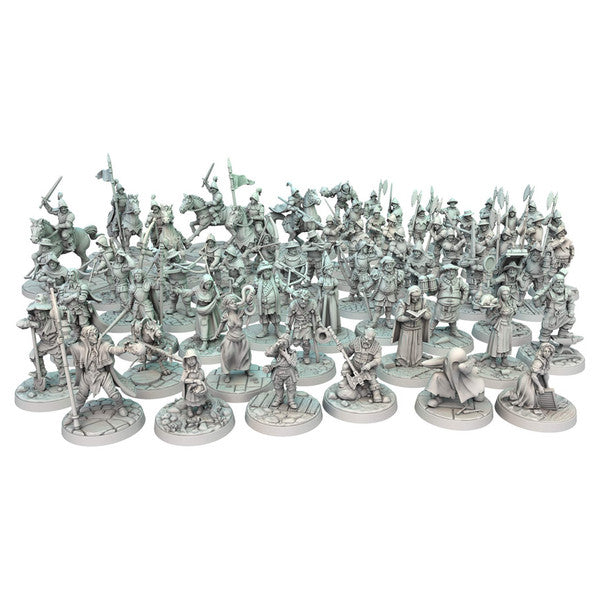 Dungeons & Lasers: Townsfolk Miniature Pack (Unpainted) - Collection of unpainted gray plastic fantasy miniature figures depicting townsfolk in various poses with weapons, armor, and