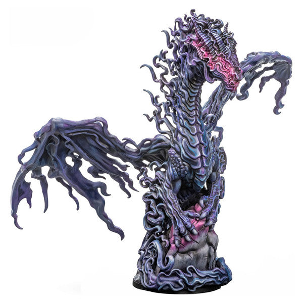 Dungeons & Lasers: Ghost Dragon (Unpainted) - Dark purple unpainted dragon miniature with flame-like textured scales and outstretched wings.