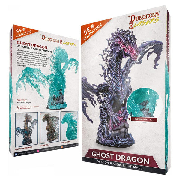 Dungeons & Lasers: Ghost Dragon (Unpainted) - Unpainted resin ghost dragon miniature with translucent blue-green ghostly flames and detailed scales for tabletop gaming.