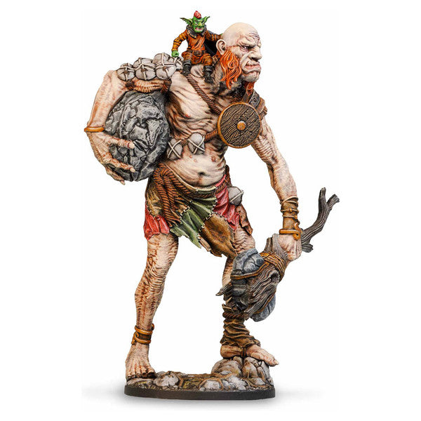 Dungeons & Lasers: Pepe The Giant (Unpainted) - Unpainted resin miniature of a giant carrying a large rock and tree stump, with a small goblin riding on its shoulder,.