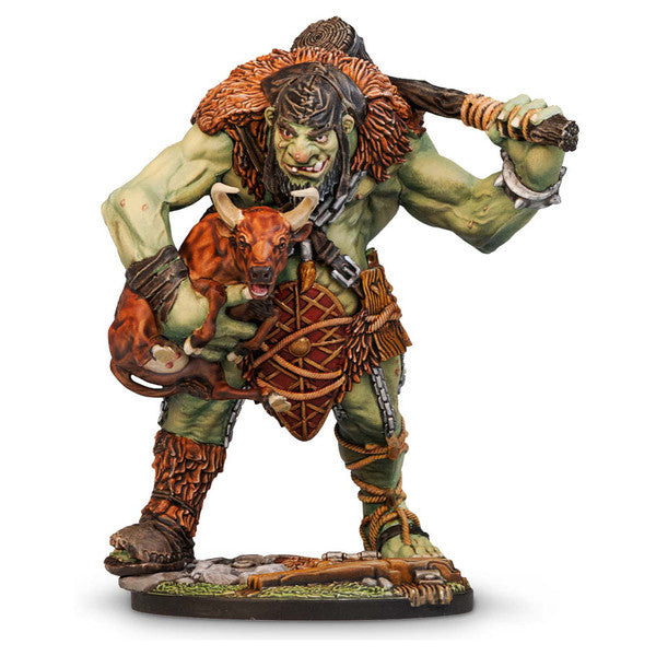 Dungeons & Lasers: Yahazzal The Hungry Troll (Unpainted) - Green-skinned troll figurine with spiked hair and fur armor holding a large club and a small humanoid figure.
