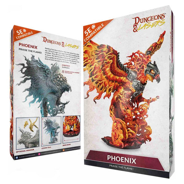 Dungeons & Lasers: Phoenix (Unpainted) - Unpainted detailed phoenix miniature with fiery wings and curling flames base for tabletop gaming.