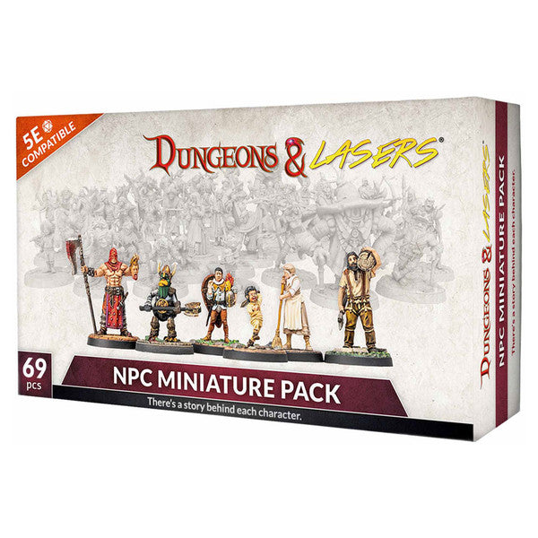 Dungeons & Lasers: NPC Miniature Pack (Unpainted) - Box set of five unpainted resin NPC miniatures for tabletop gaming, featuring diverse fantasy characters in detailed poses.
