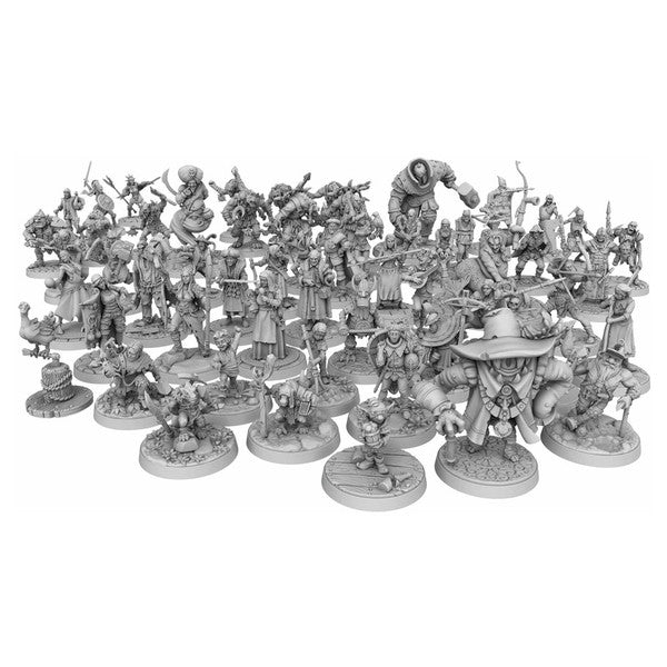 Dungeons & Lasers: NPC Miniature Pack (Unpainted) - Unpainted gray resin miniatures set featuring diverse fantasy NPC characters with weapons and armor on round bases.