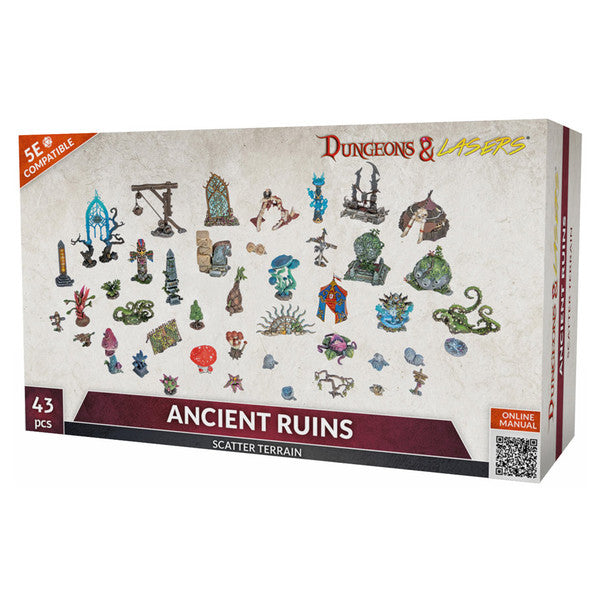 Dungeons & Lasers: Ancient Ruins Scatter Terrain (Unpainted) - Box of unpainted plastic miniatures featuring 43 ancient ruins scatter terrain pieces in various shapes and sizes.