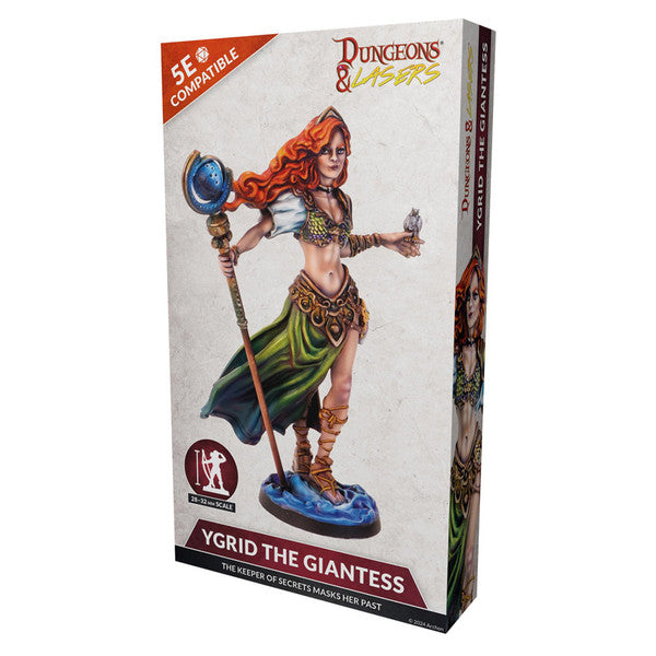 Dungeons & Lasers: Ygrid The Giantess (Unpainted) - Unpainted resin miniature of a giantess with long red hair, holding a staff and wearing armor and a green cloak on a blue.