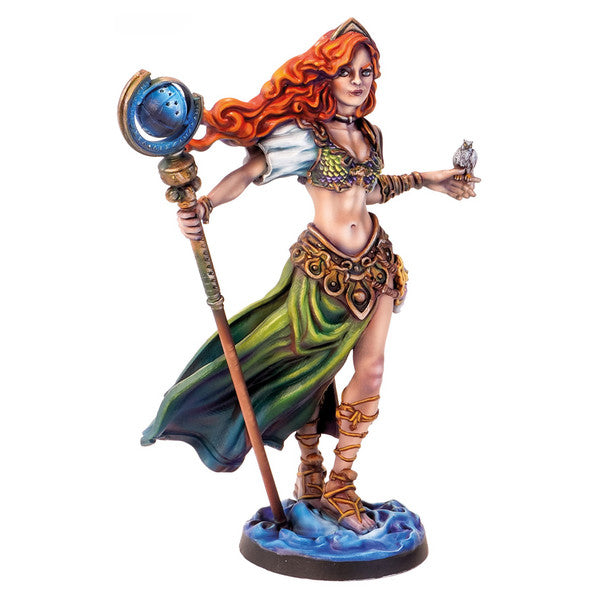 Dungeons & Lasers: Ygrid The Giantess (Unpainted) - Unpainted resin fantasy miniature of a giant woman with flowing hair, holding a staff with a blue orb, wearing a crop top.