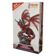 Dungeons & Lasers: Thos The Young Dragon (Unpainted) - Boxed unpainted miniature of a young red dragon with large wings perched on a rock labeled Dungeons & Lasers.