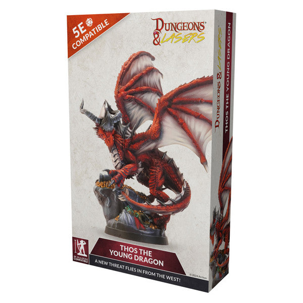 Dungeons & Lasers: Thos The Young Dragon (Unpainted) - Boxed unpainted miniature of a young red dragon with large wings perched on a rock labeled Dungeons & Lasers.
