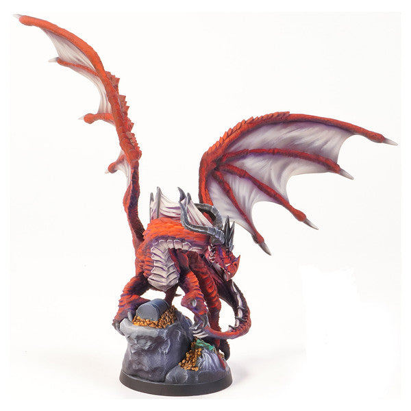 Dungeons & Lasers: Thos The Young Dragon (Unpainted) - Red and gray dragon figurine with large wings perched on rock base, unpainted miniature model.