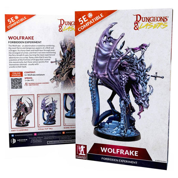 Dungeons & Lasers: Deuslair: Wolfrake (Unpainted) - Unpainted purple resin miniature of Wolfrake, a winged dragon-like creature with spiked tail and sharp claws, standing on a.