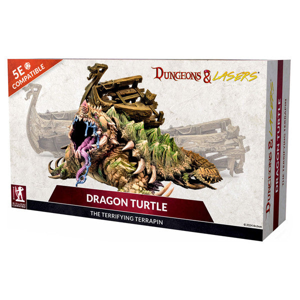 Dungeons & Lasers: Dragon Turtle (Unpainted) - Unpainted detailed resin model of a dragon turtle with a spiked shell and castle-like structure on its back.