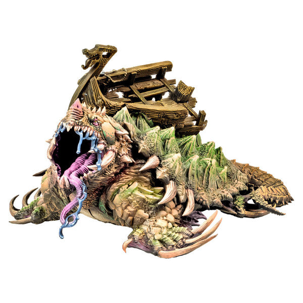 Dungeons & Lasers: Dragon Turtle (Unpainted) - Unpainted dragon turtle miniature with detailed scales, open jaw, long tongue, and shipwreck on its back.