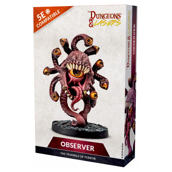 Dungeons & Lasers: Observer (Unpainted) - Unpainted resin miniature of a multi-tentacled creature with a large central eye and sharp teeth on a textured black base.