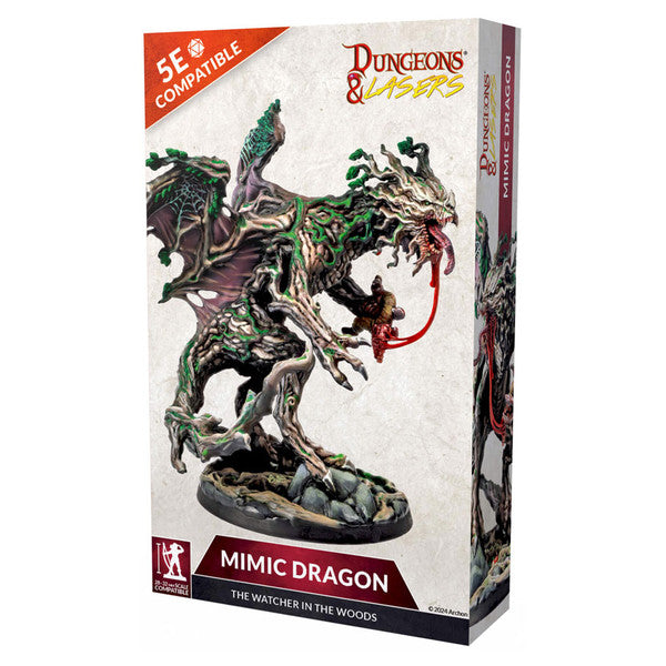 Dungeons & Lasers: Mimic Dragon (Unpainted) - Unpainted detailed resin miniature of a dragon with open mouth and exposed tongue standing on rocky base.