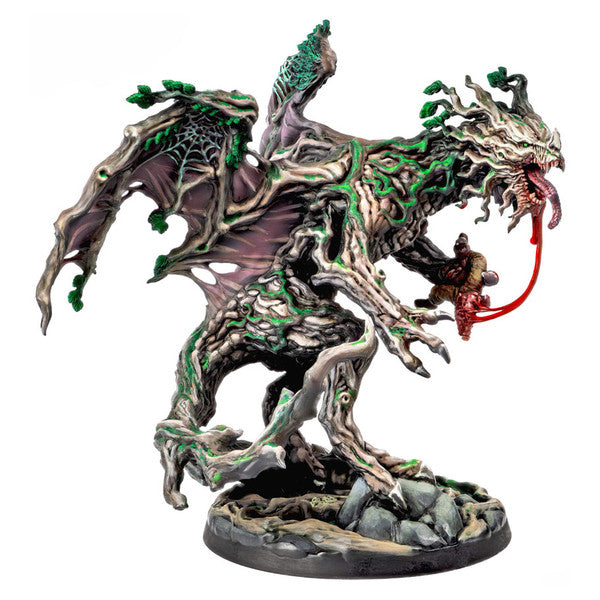 Dungeons & Lasers: Mimic Dragon (Unpainted) - Unpainted fantasy miniature of a dragon with tattered wings, textured body, and open mouth holding a red tongue on a round.