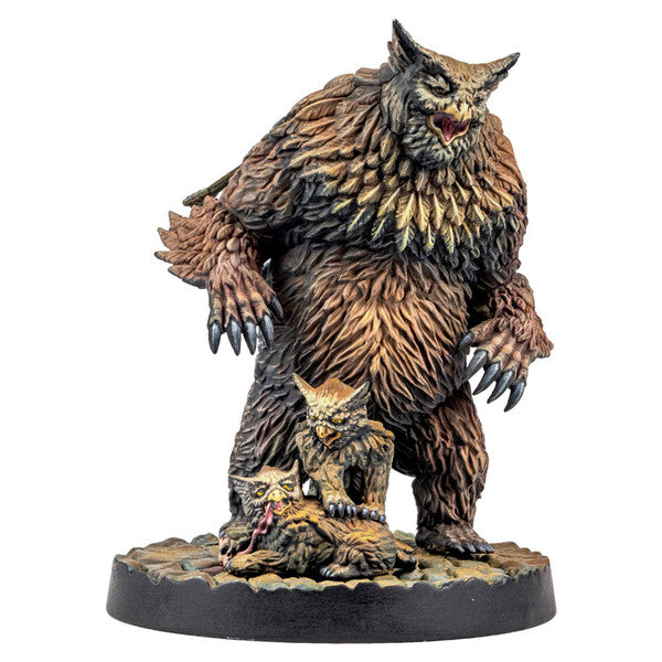 Dungeons & Lasers: Owlbear Family (Unpainted) - Unpainted resin miniature of a large owl-like creature with two smaller owlbear cubs on a textured round base.