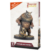 Dungeons & Lasers: Owlbear Family (Unpainted) - Unpainted resin owlbear family miniatures with detailed feathers and claws on display bases.