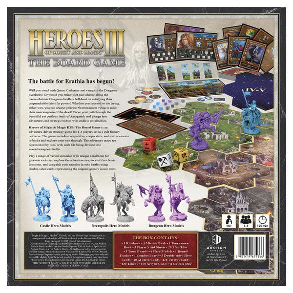 Heroes Of Might And Magic III: The Board Game (PREORDER) - Heroes Of Might And Magic III board game box featuring fantasy artwork, character cards, detailed game board, colorful dice,