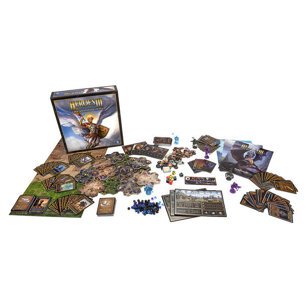 Heroes Of Might And Magic III: The Board Game (PREORDER) - Heroes Of Might And Magic III board game with colorful cards, hexagonal map tiles, tokens, dice, and character boards in a.