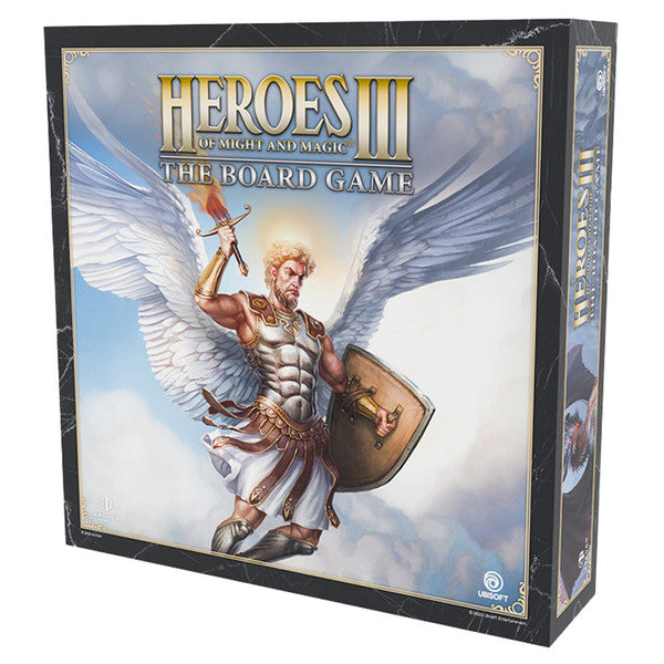 Heroes Of Might And Magic III: The Board Game (PREORDER) - Heroes of Might and Magic III board game box with winged warrior wielding sword and shield in sky background.