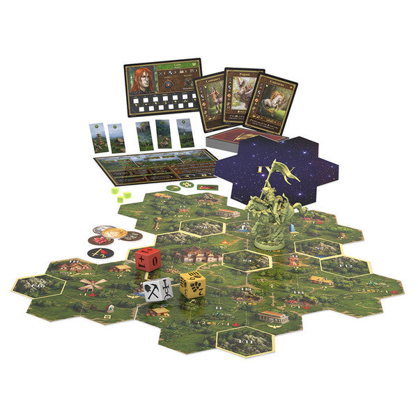 Heroes Of Might And Magic III: The Board Game: Rampart Expansion (PREORDER) - Board game expansion with hexagonal terrain tiles, detailed miniature figurine, dice, cards, and player boards in fantasy.