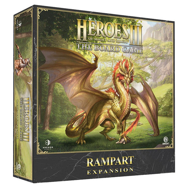 Heroes Of Might And Magic III: The Board Game: Rampart Expansion (PREORDER) - Board game box for Heroes of Might and Magic III Rampart Expansion featuring a golden dragon with red wings in a forest.