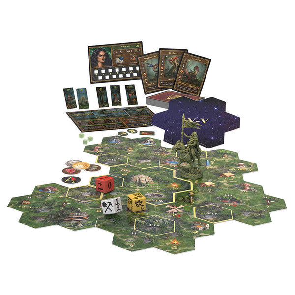 Heroes Of Might And Magic III: The Board Game: Fortress Expansion (PREORDER) - Hexagonal green map tiles with forest and castle graphics, detailed player boards, fantasy-themed cards, colorful custom.