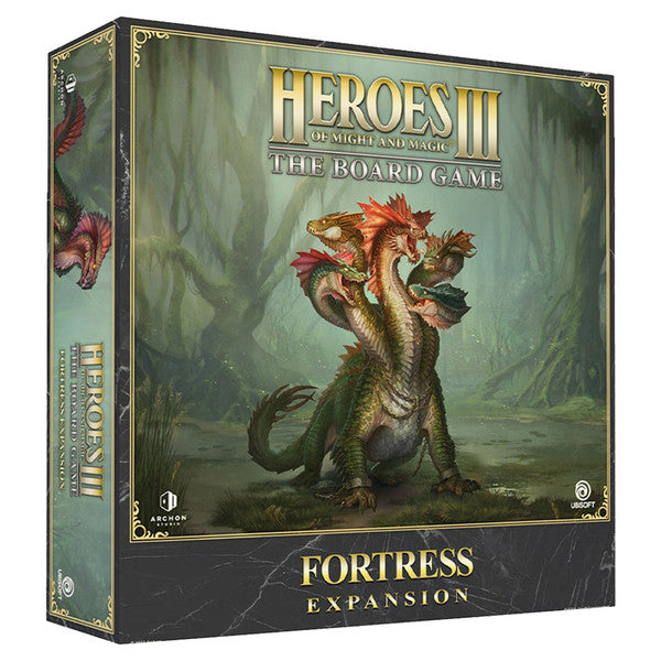 Heroes Of Might And Magic III: The Board Game: Fortress Expansion (PREORDER) - Square board game box with a three-headed dragon illustration on a misty green forest background, titled "Heroes III.