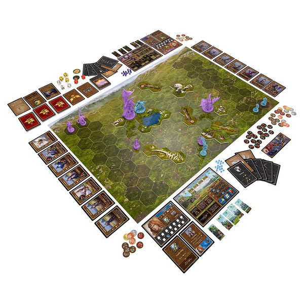 Heroes Of Might And Magic III: The Board Game: Battlefield Expansion (PREORDER) - Hexagonal battle map with terrain details, purple figurines, cards, tokens, and player boards arranged for gameplay.