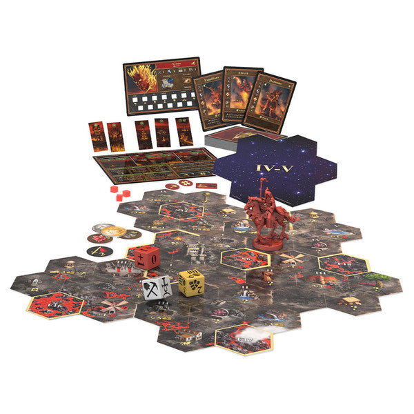 Heroes Of Might And Magic III: The Board Game: Inferno Expansion (PREORDER) - Board game expansion with hexagonal tiles, fiery red demon miniature, custom dice, and character cards against dark fantasy.