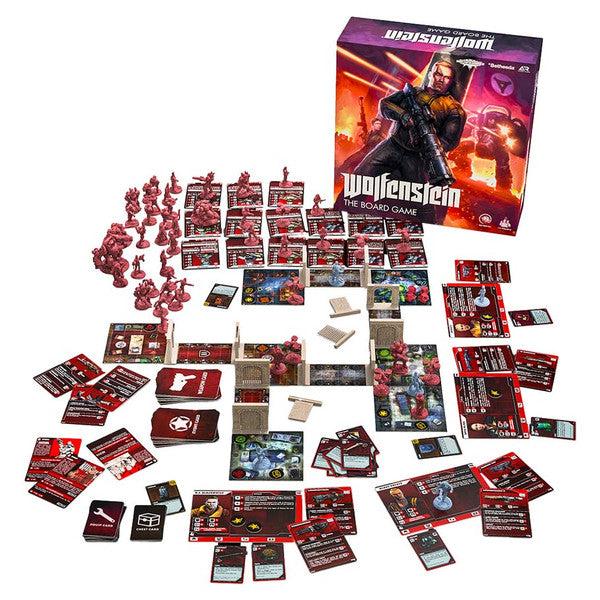 Wolfenstein: The Board Game - Wolfenstein board game with colorful game box featuring warrior art, red and gray miniatures, detailed game cards, tokens,.